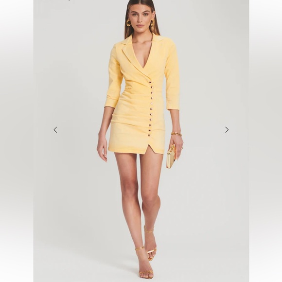 Retrofête Willow Denim Button Mini Dress in Lemonade Yellow - Picture 1 of 13